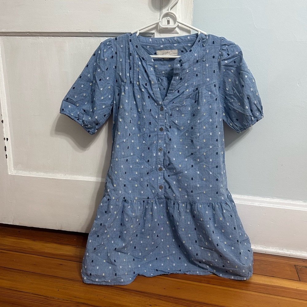 LOFT Drop Waist Women’s Chambray Dress with Buttons and Polka Dots